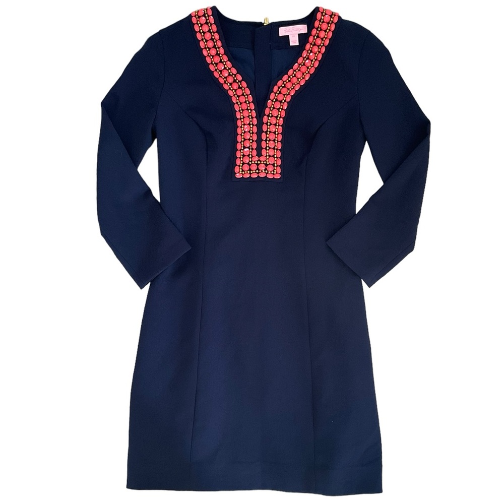 Lilly Pulitzer Bennett Mini Sheath Dress Navy Blue Coral Beaded Jewels - Picture 16 of 16